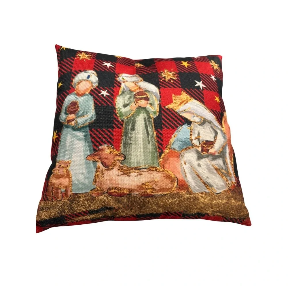 Nativity Scene Throw Pillow‎ Buffalo Plaid Star Zipper Closure Christmas 18